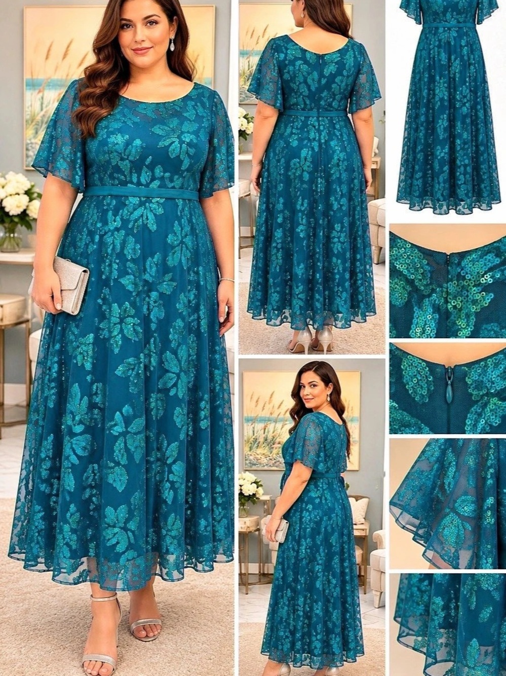 Formal Dress Floral Sequin Midi Dress Size Large NWT